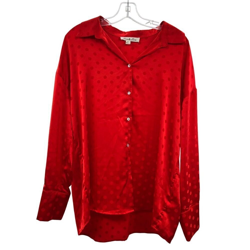 Vine & Love Women's Button Up Long Sleeve Polka Dot Top Red Size Medium